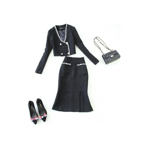 Fashion suit female fall winter New highquality small fragrance wind lace woolen tweed coat + bag hip fishtail skirt suit women