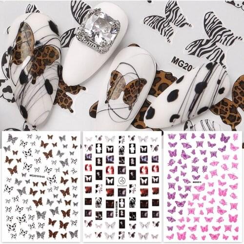1Sheet Butterfly Nail Sticker Leopard Colorful Black Lace 3D Butterflies Slider Back Glue Decals Manicure Nail Art Decorations