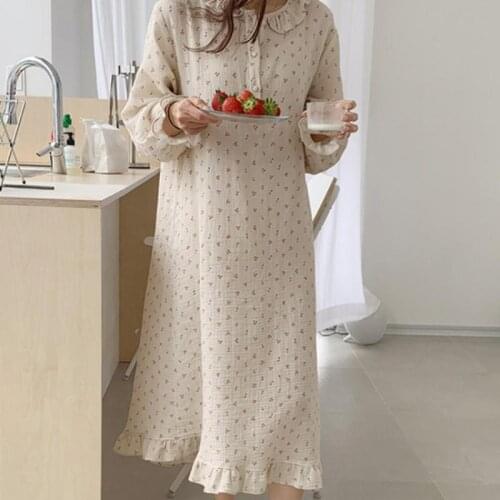 New Sexy Ruffle Nightgown Cherry Print Womens Sleep Dress Loose Casual Cute Homewear Long Sleeve O-Neck Soft Nightdress