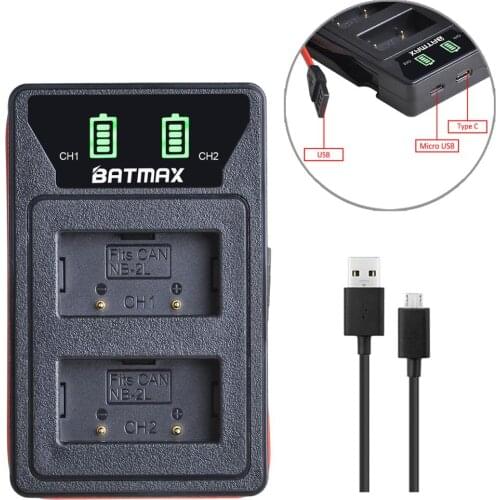 Batmax NB-2L NB-2LH NB2L New LED USB Dual Charger with Type C Port&USB Cable for Canon EOS 400D S80 S70 S50 S60 350D G7 G9