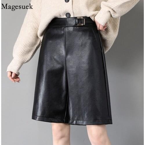 Autumn Sexy Black Pu Leather Shorts Women Casual High Waist Short Mujer New Winter Pockets Wide Leg Biker Shorts Women 12134