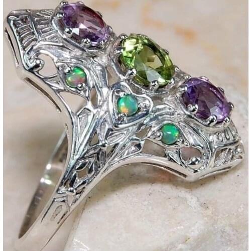 Luxury Gorgeous Women Jewelry Imitation Green Opal Purple Olive Zircon Bridal Rings for Wedding Engagement Set Gifts
