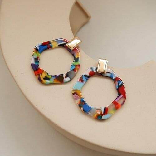 2021 New Vintage S925 Silver Needle Geometric Multicolor Acrylic Circle Stud Earring for Women