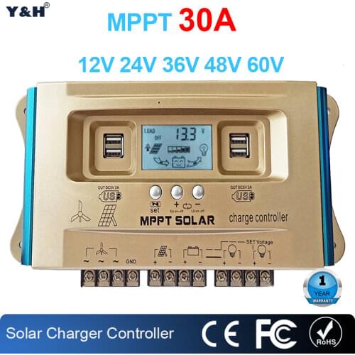 Y&H 30A Wind Solar Hybrid Controller MPPT LCD Dual USB 12V 24V 36V 48V 60V Battery Charging Regulator