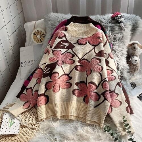 Thicken Warm Knitted Women Sweater And Pullovers Winter New O-Neck Long-Sleeved Casual All Match Flower Female Pulls Outwear Top