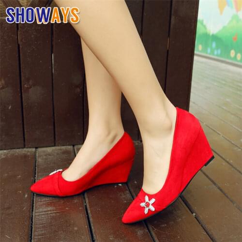 Women Wedge Pumps Black Flock Pointed Toe High Heels Casual Office Party Rhinestone Star Slip-on Height Increasing Ladies Shoes