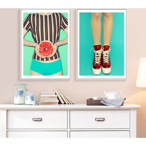 Unique Wall Decor Art Green Poster Red Grapefruit Girl Canvas Painting Red Shoes Picture For Girl Bedroom Nordic Home Decor