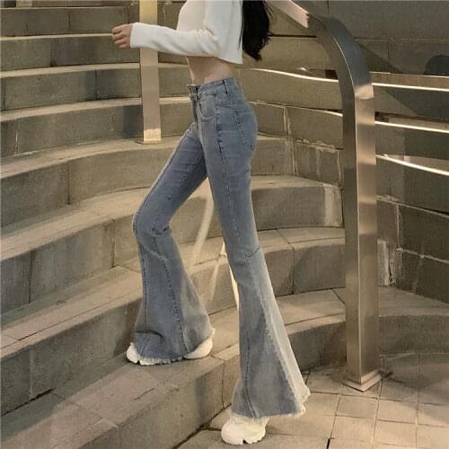 Retro spring and autumn 2021 students high waist micro horn jeans women slim slim stretch burr pants