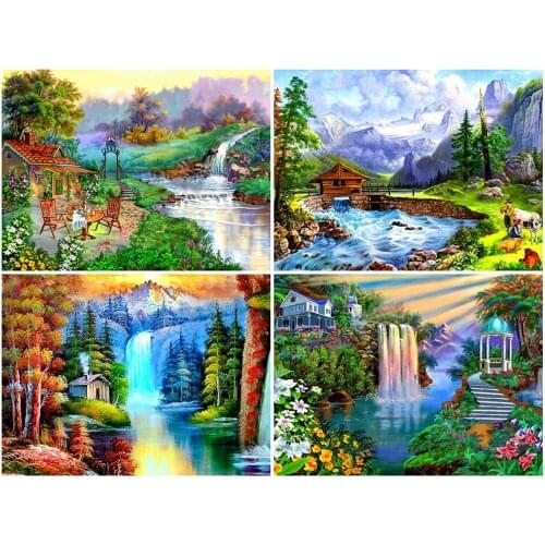 KAMY YI Landscape Waterfall Hut Mountain 5D Diy Embroidery Full Diamond Art Style Cross Stitch Crafts Mosaic Home Decoration