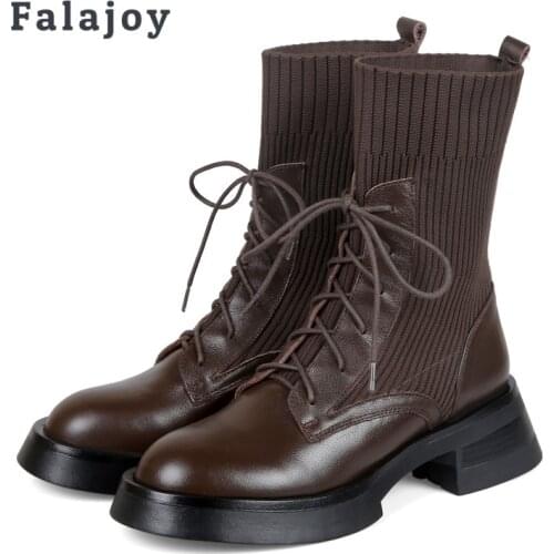 Falajoy Sock Platform Combat Boots for Women Fashion Brand Design Low Heeled Ankle Booties Brown Black Winter 2021 Plus Size 41