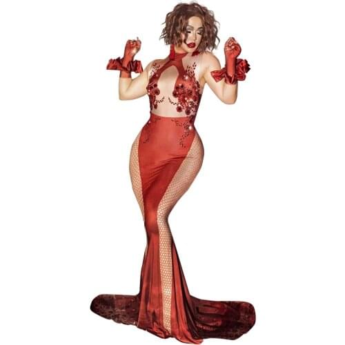 Sexy Nude Spandex Rhinestone Mermaid Long Dress Women Sleeveless Bodycon Evening Party Trailing Dress Club Singer Stage Clothing