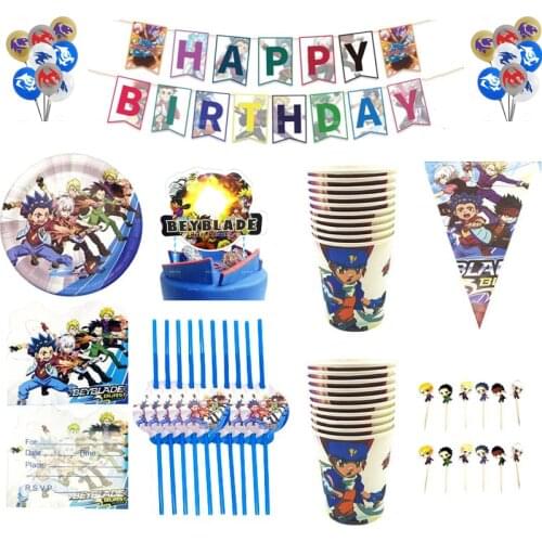 106pcs/lot Birthday Party Beyblade Burst Plates Cups Latex Balloon Hanging Banner Straws Cupcake Toppers Cake Flag Invitation