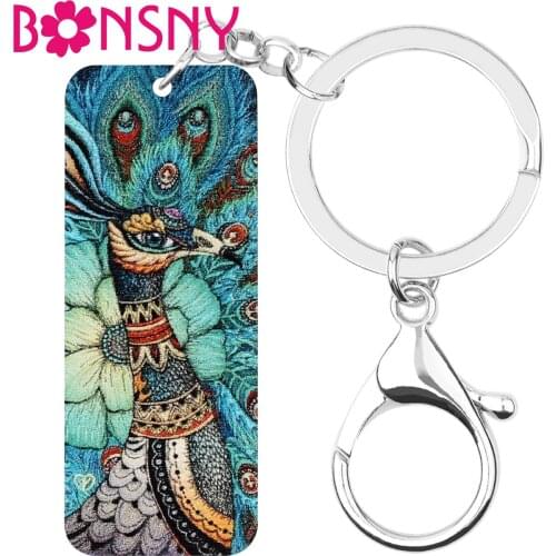Bonsny Acrylic Rectangle Green Peacock Keychains Keyring Long Wings Animal Key Chain Jewelry For Women Girls Teen Classic Gifts