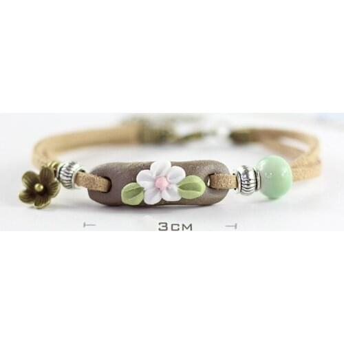 Flower Charm Bracelet Ceramic Round Beads Cuff Bangles Leather Chain Rope Handmade Accessories For Women Men Fashion Jewelry