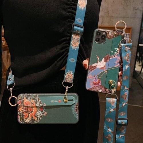 Vintage Dragon White Crane Necklace Case for Iphone 11 Pro Max Neck Strap Rope Cord Stand Cover TPU Case