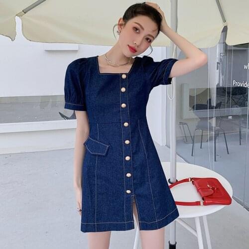 Retro Square Neck Puff Sleeve Denim Dress 2021 Summer New Short Sleeve Blue Slim Front Split A-Line Dress