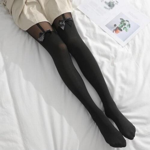 Summer Women Pantyhose Black White Silk Stockings Bow Tie Lolita Transparent Lingerie Women Tights Sexy Pantyhose Female