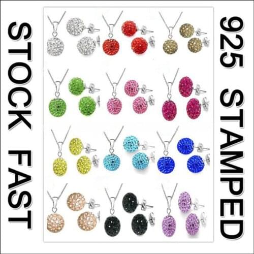 Shiny Latest Jewelry Set 925 Sterling Silver Austrian Crystal Pave Disco Ball Lever Back Earring Pendant Necklace Women