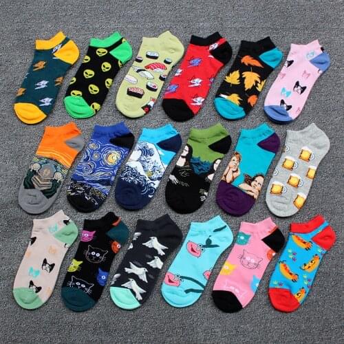 25 Color Spring and Summer Pure Cotton Men and Women Short Socks Trendy Fries Burger Skull Rabbit Dog Cartoon Fruit Couple Cute