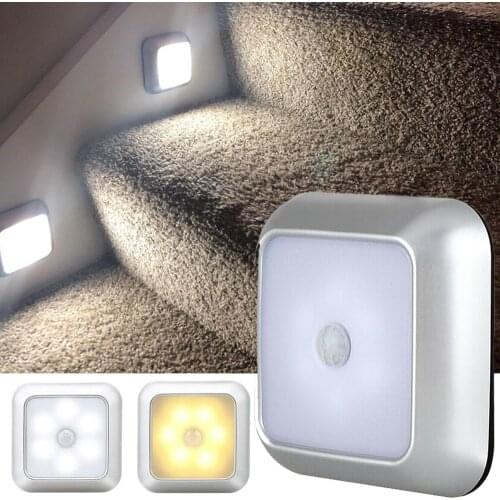 Square 6 LEDs Motion Sensor Light PIR Cabinet Closet Stairs Lamp Night Lights Battery Powered Wireless Detector Home Kitchen