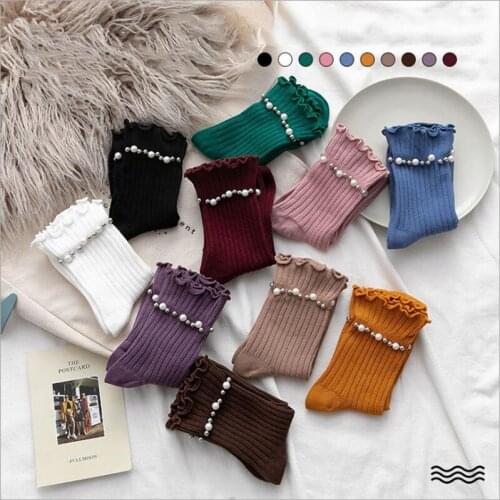 Sweet Socks Handmade Women Socks Pearl Willow Nails Candy Color Tube Korean Macaron Girl Style Fungus Female Cotton Fashion