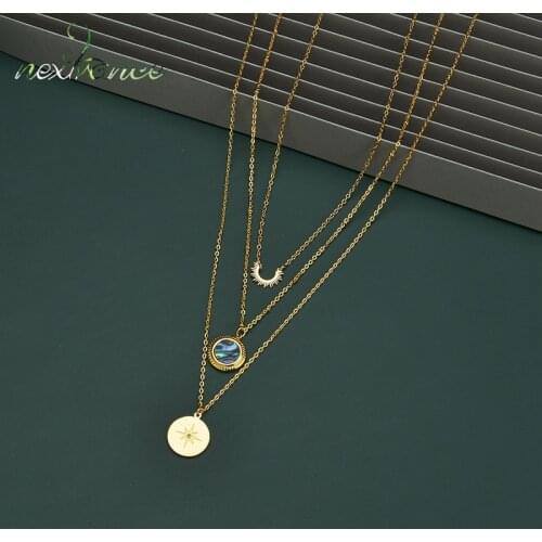 Nextvance Gold Stainless Steel Sweet Shell Necklace Three-Layer Chain Compass Pendant Necklace For Women Birthday Jewelry Gift