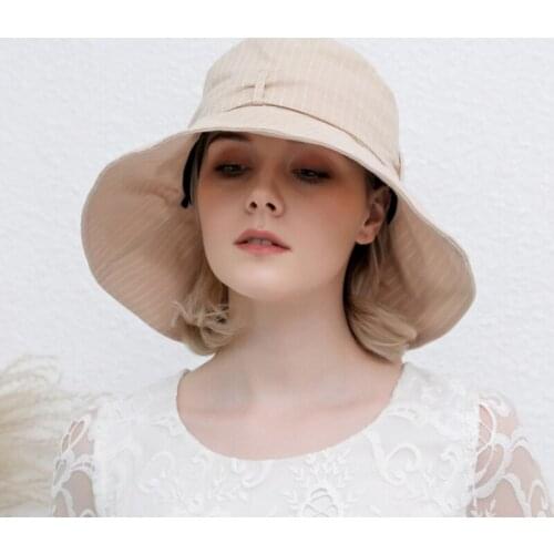 Summer Panama Cap Solid Color Fishing Hat Outdoor Brim Sun Striped Cotton Bucket Hat