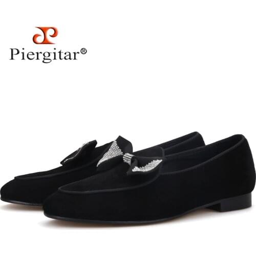 Piergitar handmade rhinestone ribbon men suede shoes party and banquet men loafers mens smoking slippers plus size