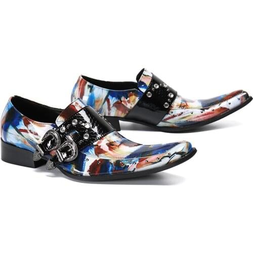 Italian Luxury Mens Shoes Double Buckle Strap Glitter Party Dress Shoes Genuine Leather Printed Square Toe Designer Shoes Men
