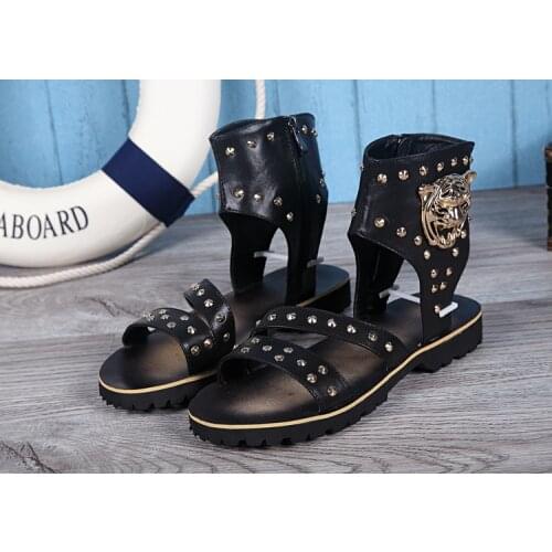 Casual Shoes Cool Beach sandals boots for male Summer High-Top Sandal Boots Black full genuine cow leather