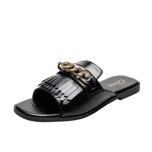 Flip Flops Womens Slippers Metal Chain Tassel Flat Female Shoes Soft PU Leather Outdoor Casual Set Foot Ladies Beach Slide