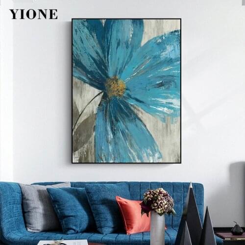 Vintage Blue Grey Flowers Oil Painting Abstract Plants Canvas Posters and Prints Wall Art Picture for Living Room Bedroom Decor