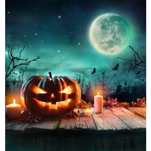 VinylBDS Green Screen Halloween Photobooth Background With Moon For Photography Pumpkin Photo Background Wood Floor Backdrops