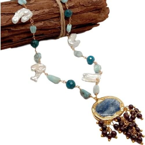 YYGEM 17'' Cute Style Blue kyanites Garnet Pendant natural White Keshi Pearl Larimar Apatite Wrap Necklace fo women