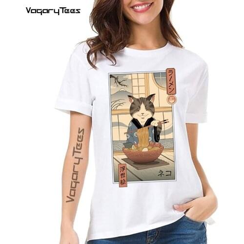 Funny Cute Girl White T Shirts Women Neko Ramen Ukiyo-e Japanese Printed Women Tshirt Anime Shirt Clothes O-Neck streetwear tee