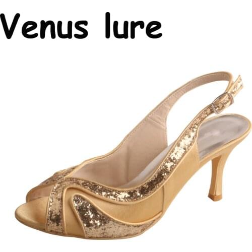 Ladies Golden Sandals for Women Slingback Evening Shoes Peep Toe