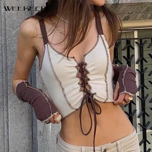 Weekeep Vintage Bandage Knitted T-Shirt Women Half Sleeve Skinny Patchwork Crop Tanks Summer Harajuku Aesthetic Tops y2k Fashion