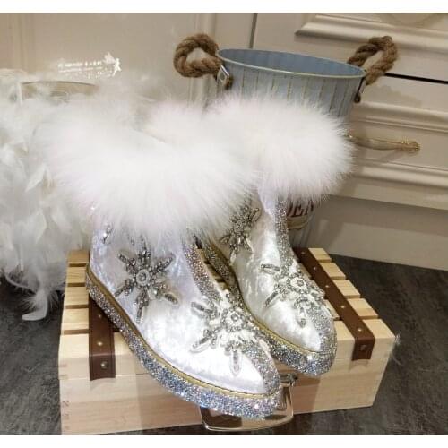 Womens Pointy Toe Velvet Leather Rhinestones Ankle Boots Real Fox Fur Crystal Sequins Sliver Hidden Heel DIY Lolita Sweet Shoes