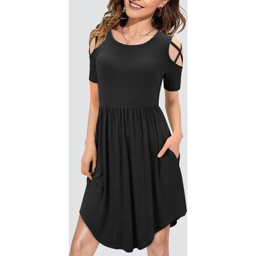 Women Summer Casual Solid Color Short Sleeve Round Neck Cold Shoulder Asymmetric Hemline Mini Dress with Pockets 1HA163