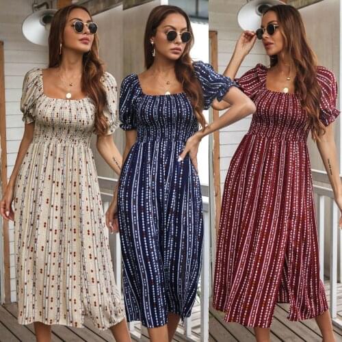 Sexy Cable Dress Womens 2021 Summer New Printed Square Neck Nude Back Fashion Puff Sleeve Short Sleeve Dress