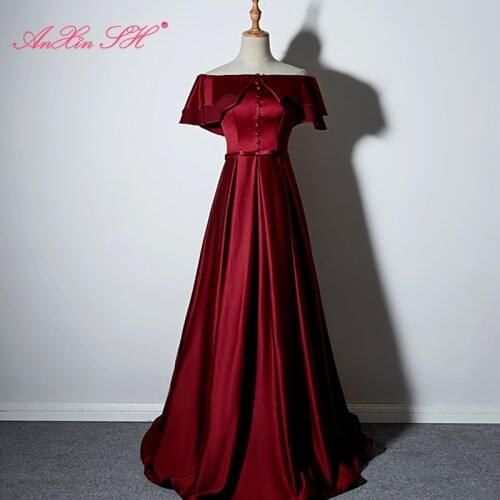 AXJFU princess wine red satin evening Dress vintage party boat neck bride performance host red bow button long evening dress