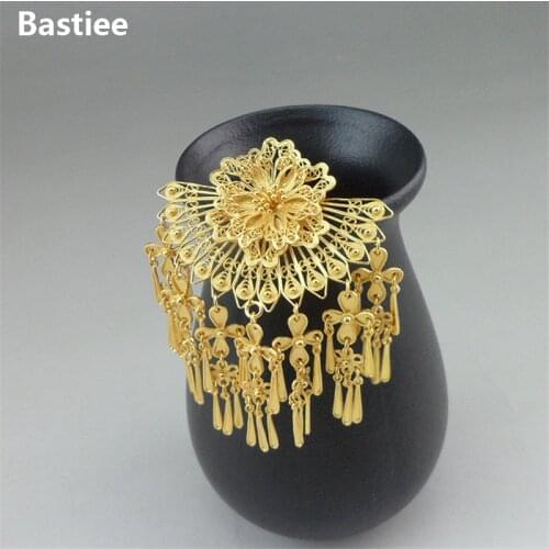 Bastiee Vintage Bride 999 Sterling Silver Hair Fork For Women Golden Plated Tassel Hair Stick Hmong Luxury Jewelry