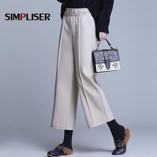 Woolen Wide Leg Pants For Women 2020 Winter Elastic Waist Ankle Length Female Trousers Plus Size 4XL Ladies Elegant Pants