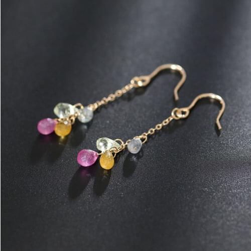 DMBS307 14k Gold Injection Color Sapphire Earrings Genuine Gemstones Long Ran Earrings For Girlfriend Gift