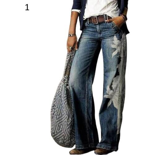 Autumn Winter Women Fashion High Waist Floral Print Wide Leg Jeans Denim Pants