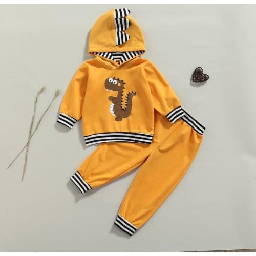 FOCUSNORM Causal Kids Boy’s Clothes Sets Dinosaur Striped Long Sleeve Hooded Tops Stitching Pants Outfits 1-5Y