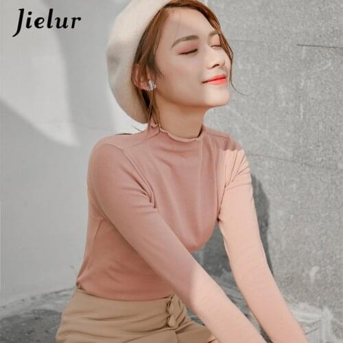 Jielur Turtleneck T-shirt Female Casual Tshirts Women Kpop Autumn Long Sleeve Tee Shirt Slim Basic Top Femme Camisa Feminina XXL