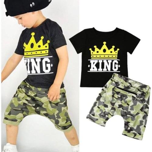 Summer Toddler Baby Kid Boy Clothes KING Short Sleeve Tops T-shirt Camouflage Pants Outfits Set Casual Clothes