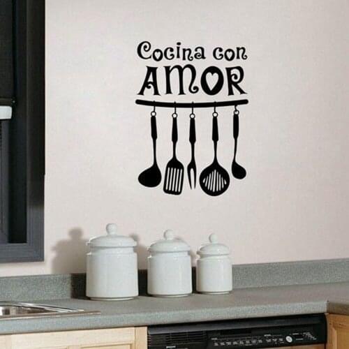 Spanish Vinyl Wall Sticker for Kitchen Cocina Con Amor Words Wall Decal Spoon Spatula Stickers Decorations for Home Z954