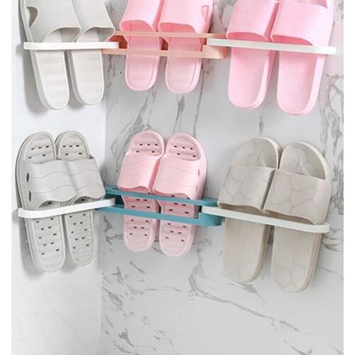 Creative Home Shoes Rack Foldable Slippers Storage Shelf towel Hanger Self-adhesive Wall Mounted Bathroom Organizer 2PCS